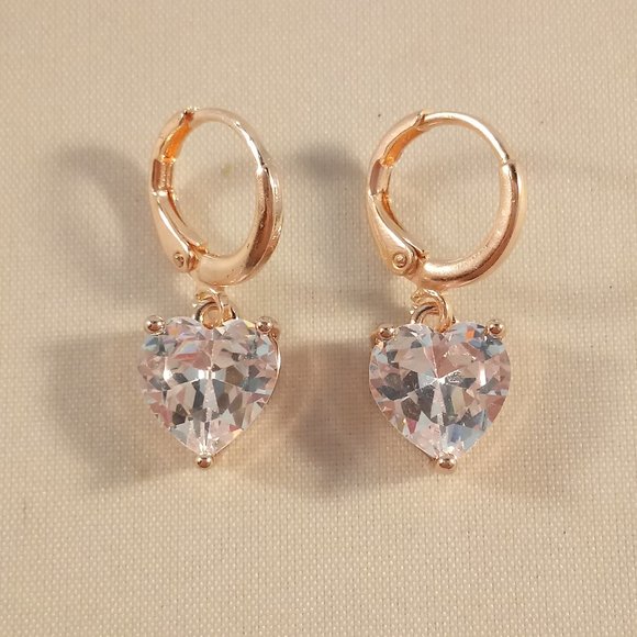 Rose Gold Filled Heart Diamond Zircon Dangle Earrings 10mm Women's Party Gift - Picture 2 of 5